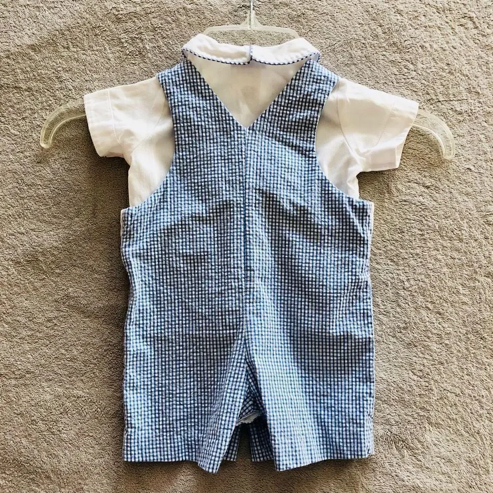 NWOT Vive La Fête Baby Boy Gingam smocked Overalls w/ White Shirt Set(2pc)